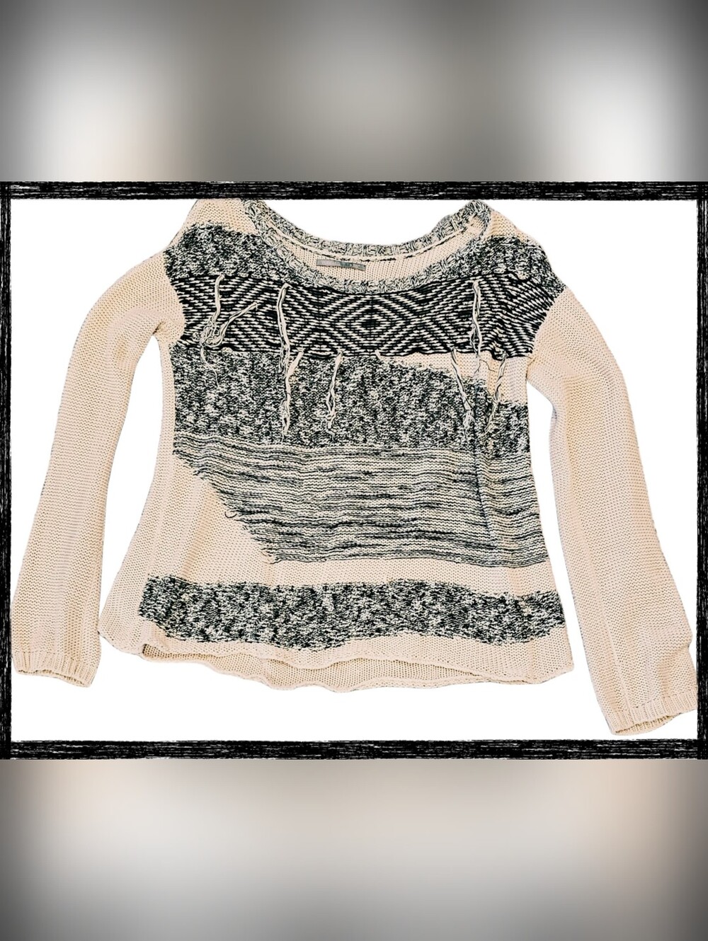 Rubbish Brand Aztec Boho Fringe Knit Sweater Cream Black Size Medium EUC